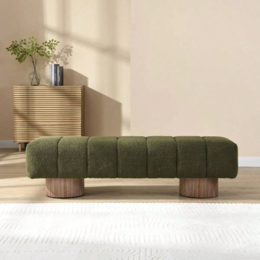 Upholstered Dining Dining Room, No - Assembly End of Bed Entryway Ottoman Bedroom Living Room, Green Boucle Fabric Stool Top Wood Leg 300 LBS Weight Capacity