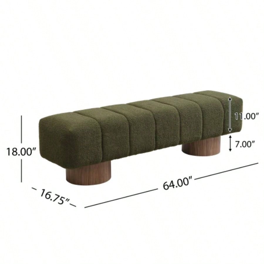 Upholstered Dining Dining Room, No - Assembly End of Bed Entryway Ottoman Bedroom Living Room, Green Boucle Fabric Stool Top Wood Leg 300 LBS Weight Capacity