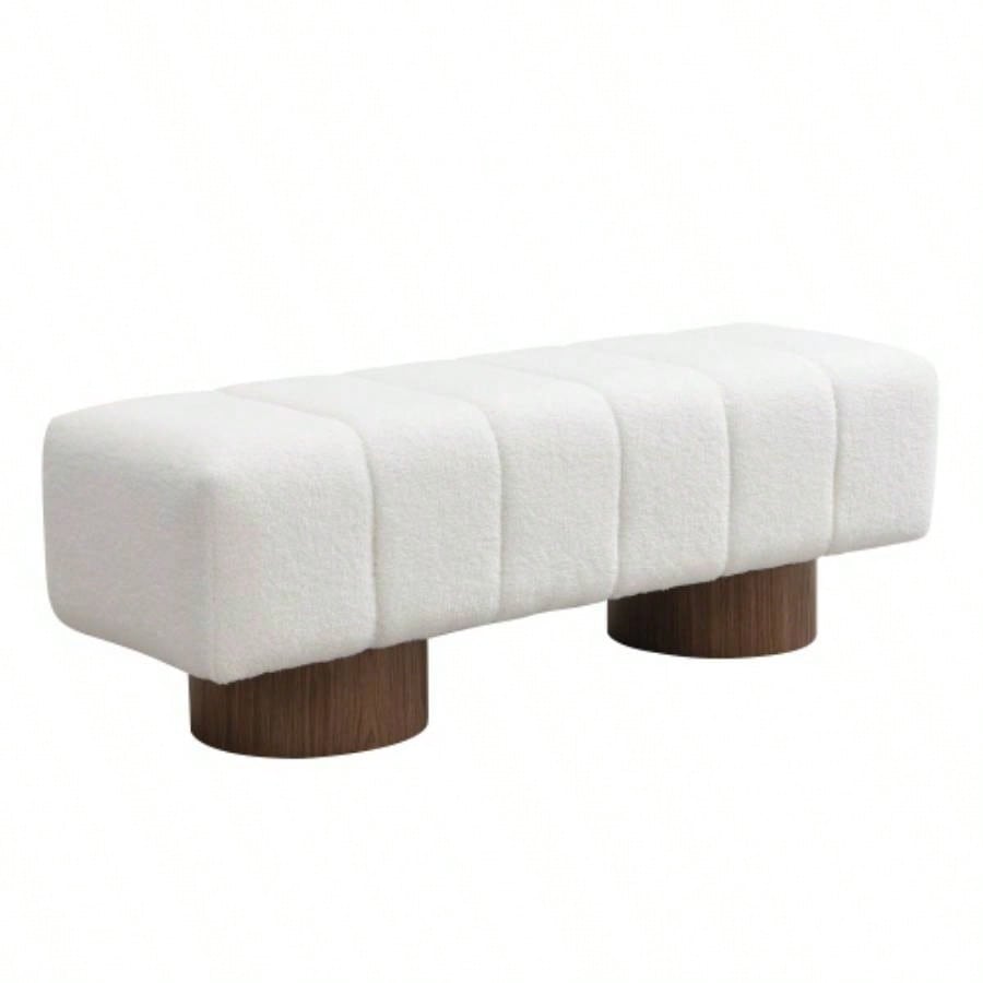 Upholstered Dining Dining Room, No - Assembly End of Bed Entryway Ottoman Bedroom Living Room, White Boucle Fabric Stool Top Wood Leg 300 LBS Weight Capacity