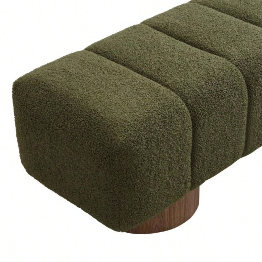 Upholstered Dining Dining Room, No - Assembly End of Bed Entryway Ottoman Bedroom Living Room, Green Boucle Fabric Stool Top Wood Leg 300 LBS Weight Capacity