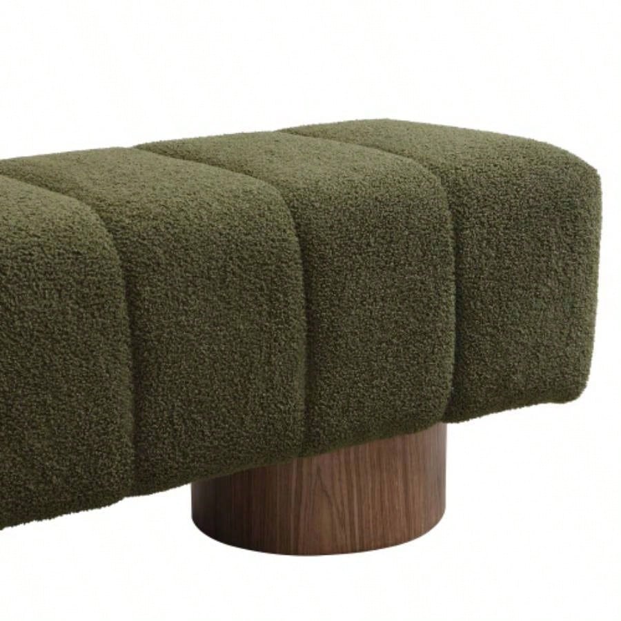 Upholstered Dining Dining Room, No - Assembly End of Bed Entryway Ottoman Bedroom Living Room, Green Boucle Fabric Stool Top Wood Leg 300 LBS Weight Capacity