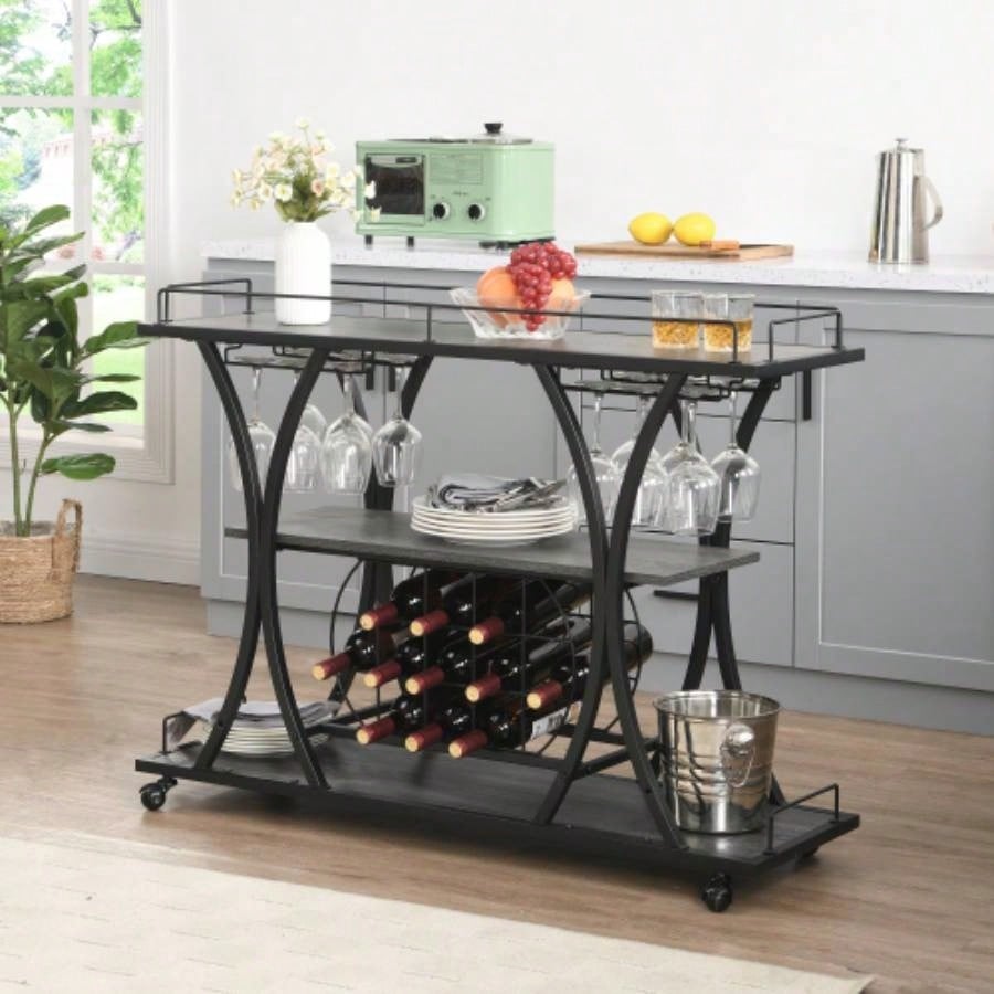 Industrial Bar Cart Kitchen BarServing Cart Home with Wheels 3 - Tier Storage Shelves