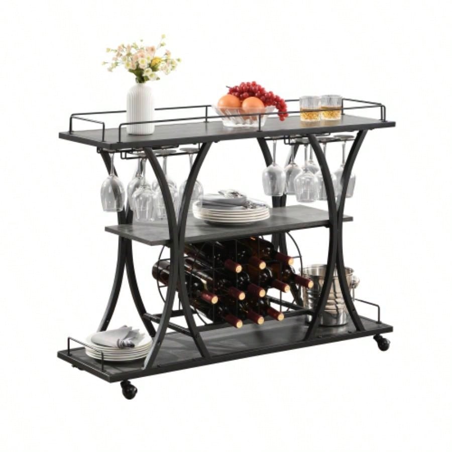 Industrial Bar Cart Kitchen BarServing Cart Home with Wheels 3 - Tier Storage Shelves