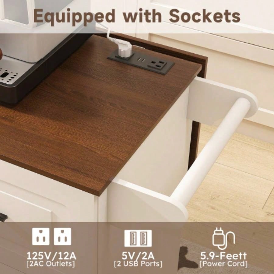 White Kitchen Island Cart with Foldable Tabletop Drop Leaf - Mobile Breakfast Bar on Wheels with Wood Top and Storage