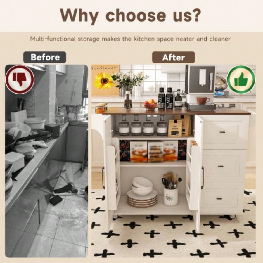 White Kitchen Island Cart with Foldable Tabletop Drop Leaf - Mobile Breakfast Bar on Wheels with Wood Top and Storage
