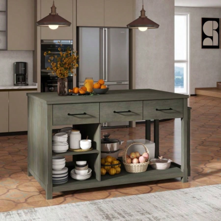 TREXM Extendable Kitchen Island with Storage, Multi - Functional Kitchen Cart with Built - In Power Outlets, Retro Kitchen Island on Wheels with Drawers and Open Shelves Kitchen Gray