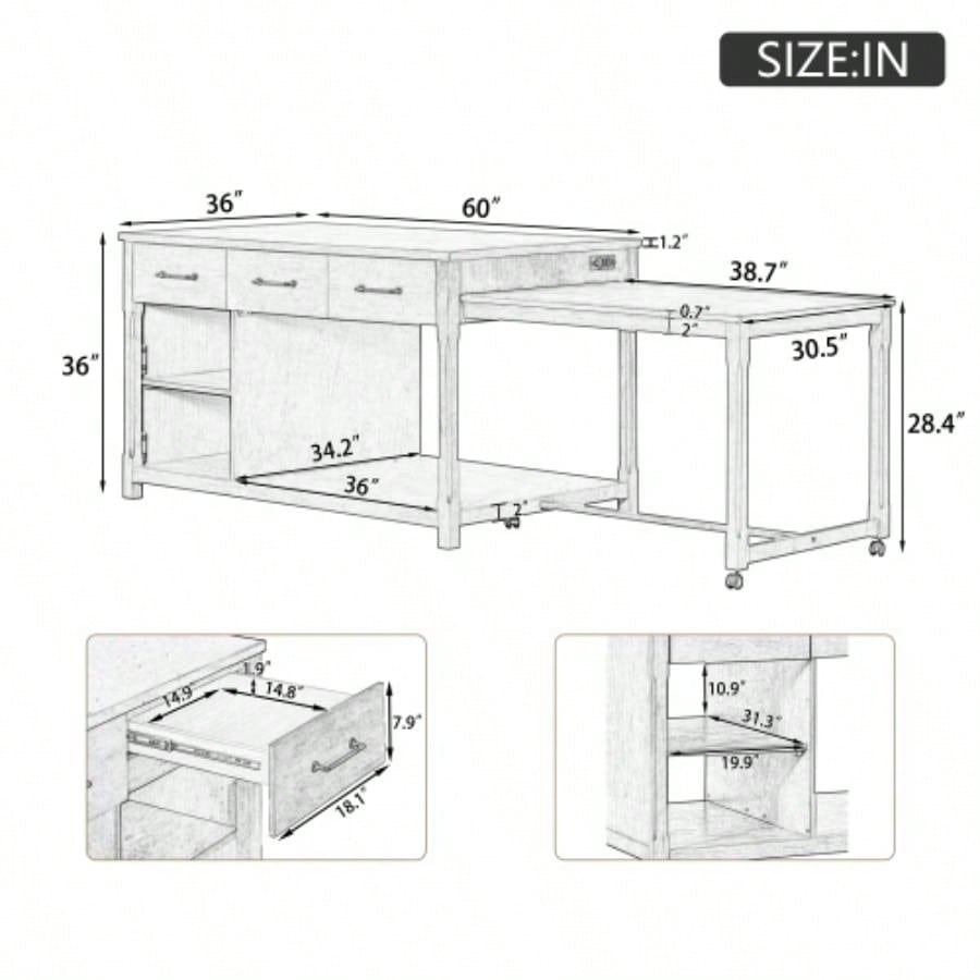 TREXM Extendable Kitchen Island with Storage, Multi - Functional Kitchen Cart with Built - In Power Outlets, Retro Kitchen Island on Wheels with Drawers and Open Shelves Kitchen Gray