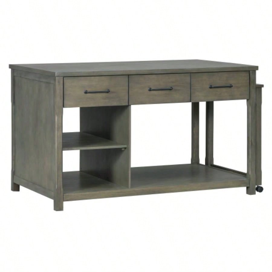 TREXM Extendable Kitchen Island with Storage, Multi - Functional Kitchen Cart with Built - In Power Outlets, Retro Kitchen Island on Wheels with Drawers and Open Shelves Kitchen Gray