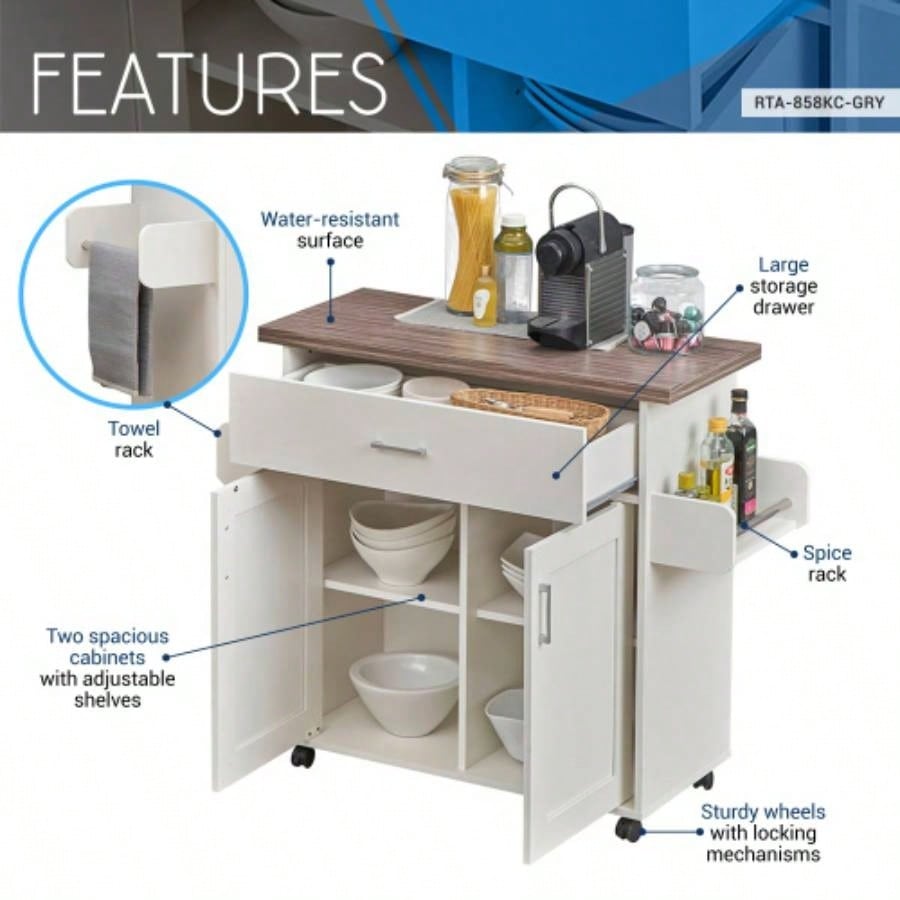 Techni Home Deluxe Mobile Kitchen Island Cart with Resistant Top, Storage Cabinets with Adjustable Shelves, and Towel Spice Rack