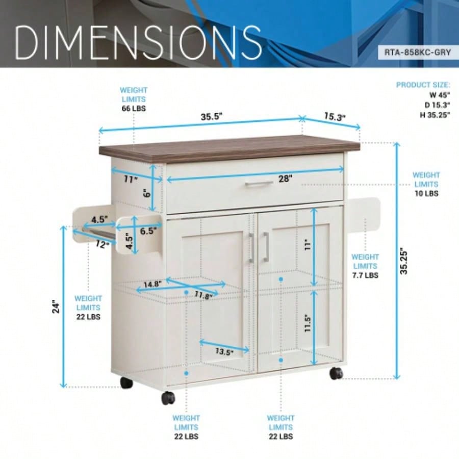 Techni Home Deluxe Mobile Kitchen Island Cart with Resistant Top, Storage Cabinets with Adjustable Shelves, and Towel Spice Rack