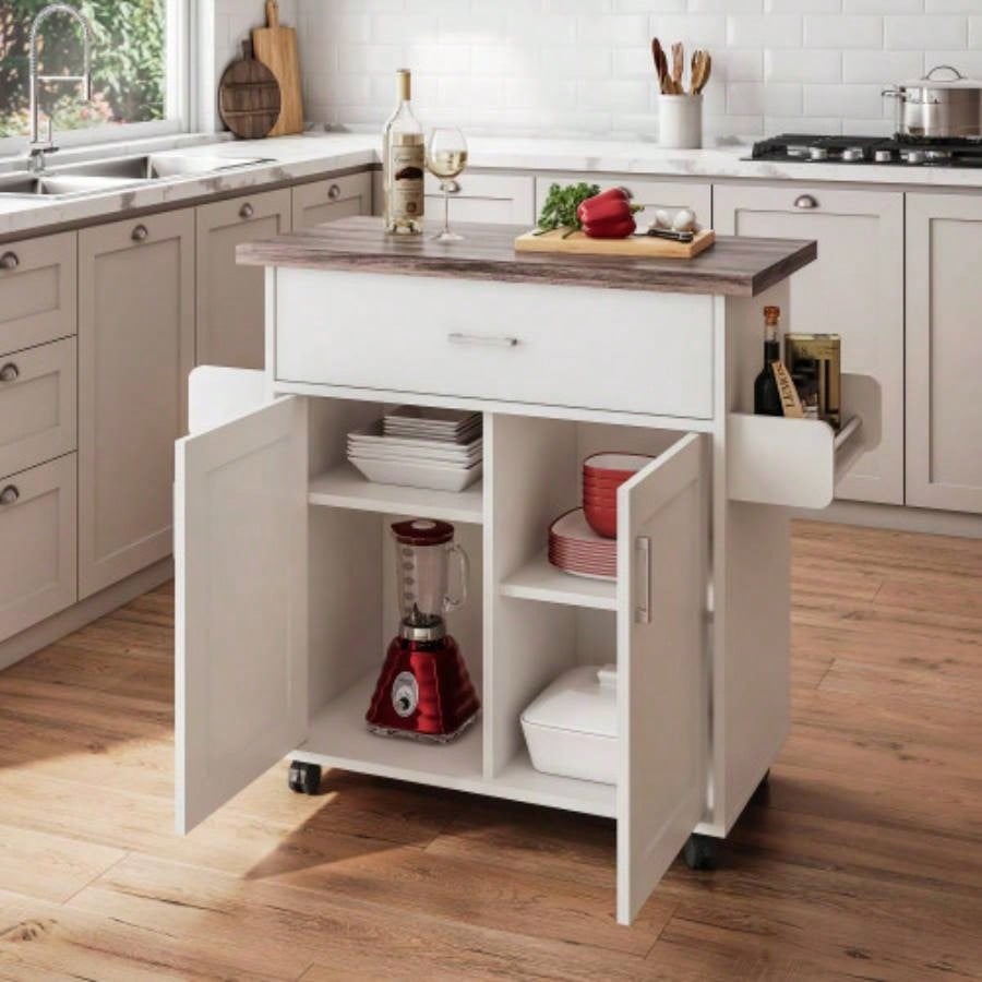 Techni Home Deluxe Mobile Kitchen Island Cart with Resistant Top, Storage Cabinets with Adjustable Shelves, and Towel Spice Rack