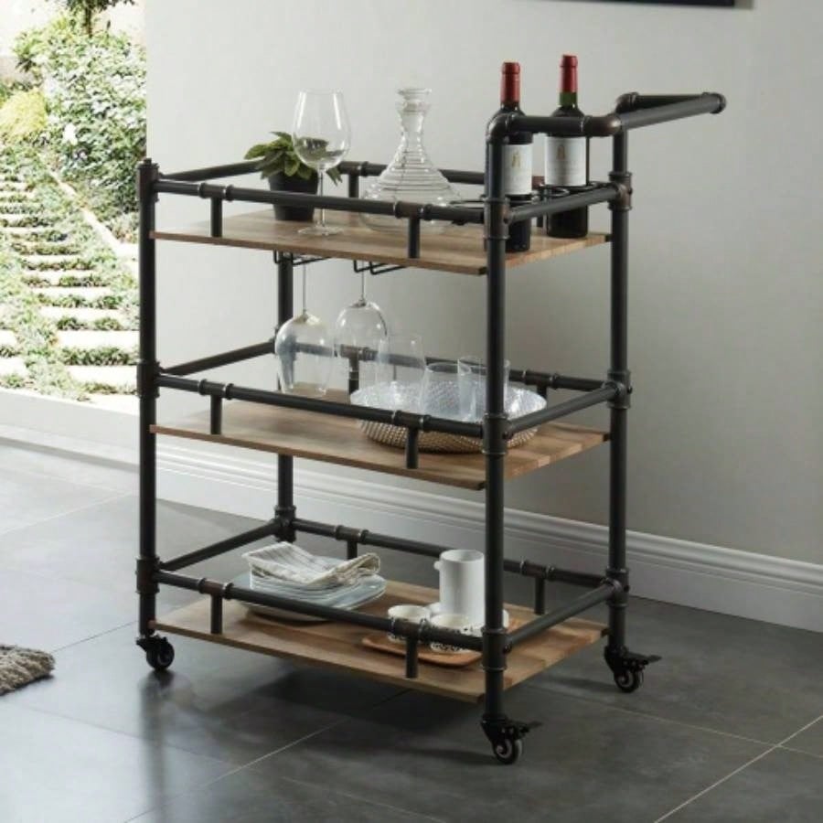 Industrial Style Antique Black Inspired Design Natural Oak 1pc Serving Cart 3 - Tier Server wheels