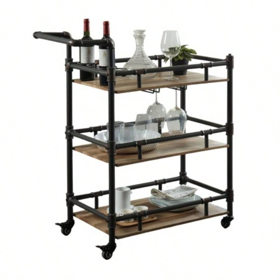 Industrial Style Antique Black Inspired Design Natural Oak 1pc Serving Cart 3 - Tier Server wheels