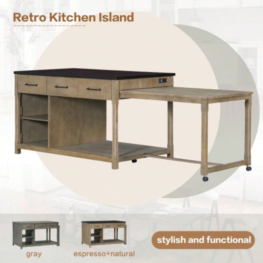 TREXM Extendable Kitchen Island with Storage, Multi - Functional Kitchen Cart with Built - In Power Outlets, Retro Kitchen Island on Wheels with Drawers and Open Shelves Kitchen Espresso+Natural