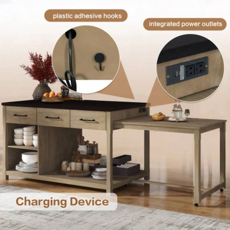 TREXM Extendable Kitchen Island with Storage, Multi - Functional Kitchen Cart with Built - In Power Outlets, Retro Kitchen Island on Wheels with Drawers and Open Shelves Kitchen Espresso+Natural