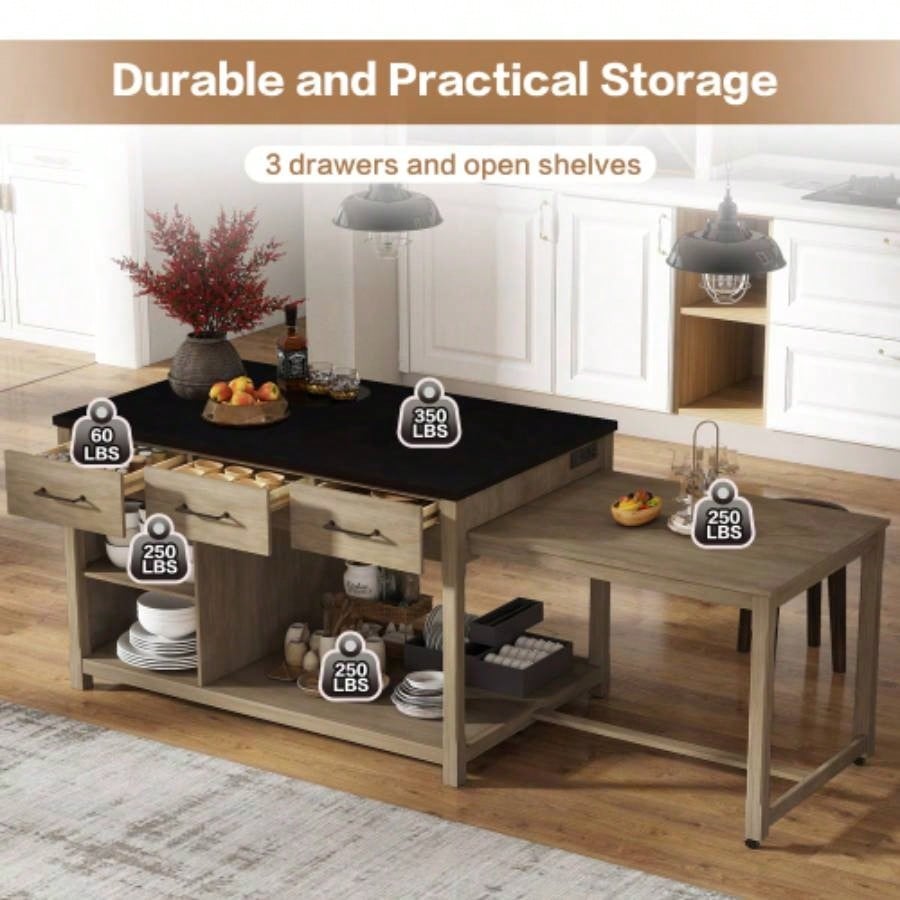 TREXM Extendable Kitchen Island with Storage, Multi - Functional Kitchen Cart with Built - In Power Outlets, Retro Kitchen Island on Wheels with Drawers and Open Shelves Kitchen Espresso+Natural
