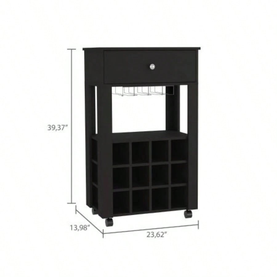 39 H black bar - coffee cart, Kitchen or living room cabinet storage, with 12 bottle racks, a central shelf with 1 Cup holders, 1 drawer storing small things