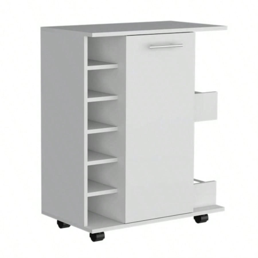 White 4 - wheel bar cart cabinet kitchen or living room, with 6 side built - in bottle racks, 1 interior shelve, 2 side shelves, 2 space with wood door to store glasses, cups, coffee or snacks.