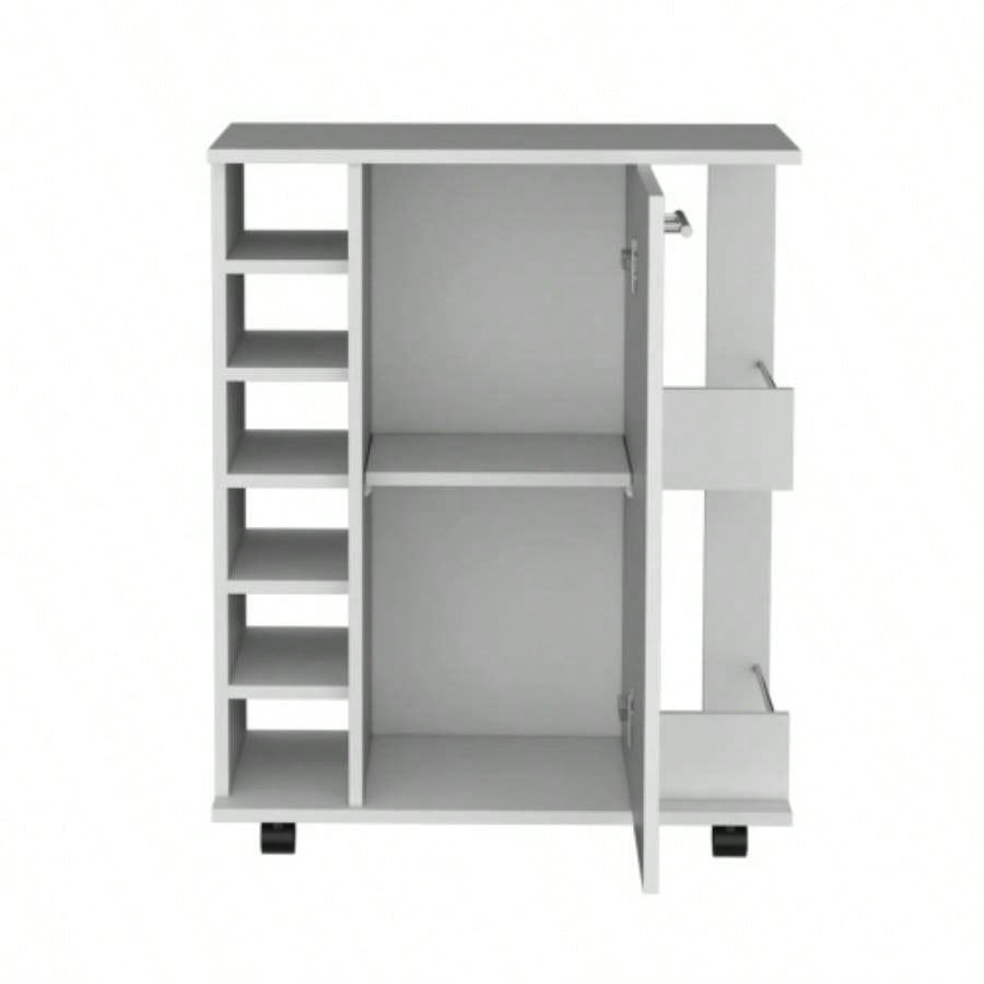 White 4 - wheel bar cart cabinet kitchen or living room, with 6 side built - in bottle racks, 1 interior shelve, 2 side shelves, 2 space with wood door to store glasses, cups, coffee or snacks.