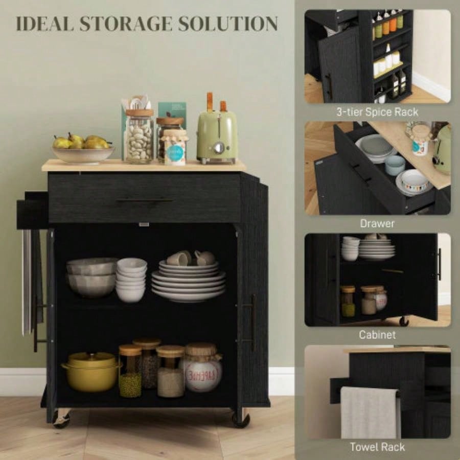 HOMCOM Kitchen Island with Storage, Rolling Kitchen Cart with AC Outlets and USB Ports, Microwave Stand with Towel and Spice Rack, Black