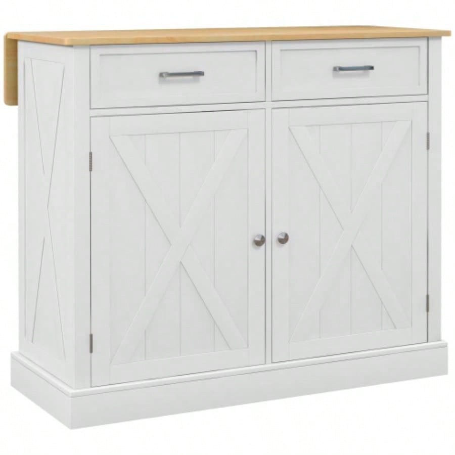 HOMCOM Rolling Kitchen Island with Drop Leaf Wood Breakfast Bar, Farmhouse Kitchen Cart with 2 Drawers, Adjustable Shelves Dining Room, White