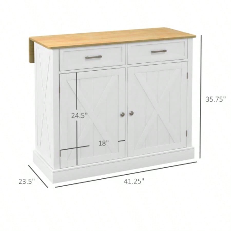 HOMCOM Rolling Kitchen Island with Drop Leaf Wood Breakfast Bar, Farmhouse Kitchen Cart with 2 Drawers, Adjustable Shelves Dining Room, White