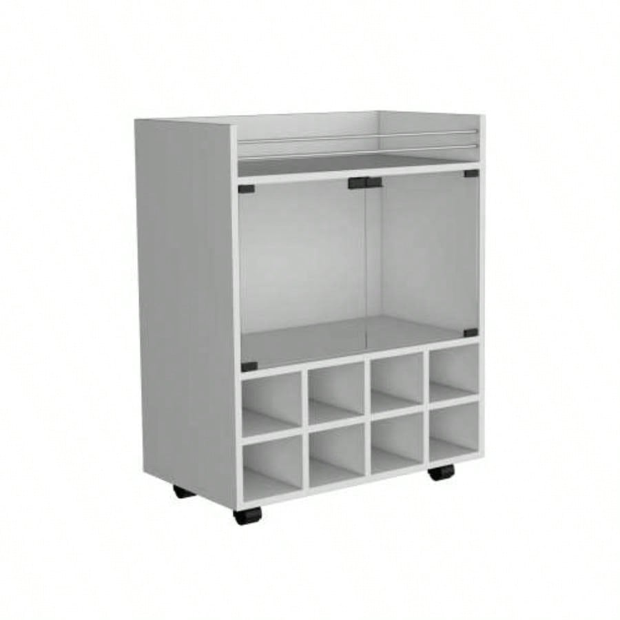 32 H white bar - coffee cart, Kitchen or living room cabinet storage with 4 wheels, with 8 bottle racks, a central shelf covered by 1 glass door, storing glasses and snacks