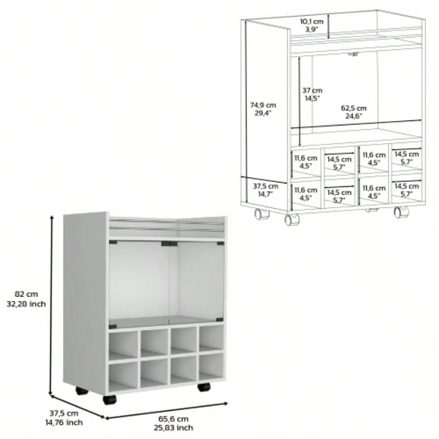32 H white bar - coffee cart, Kitchen or living room cabinet storage with 4 wheels, with 8 bottle racks, a central shelf covered by 1 glass door, storing glasses and snacks