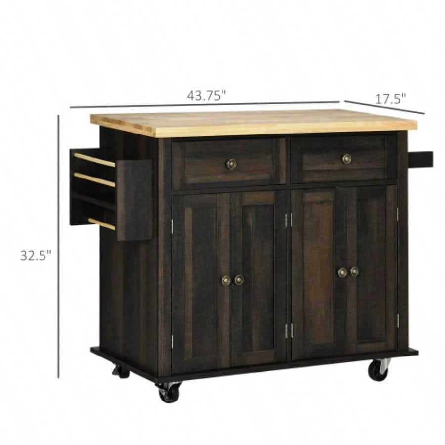HOMCOM Modern Rolling Kitchen Island Cart with Spice Rack, Brown Oak