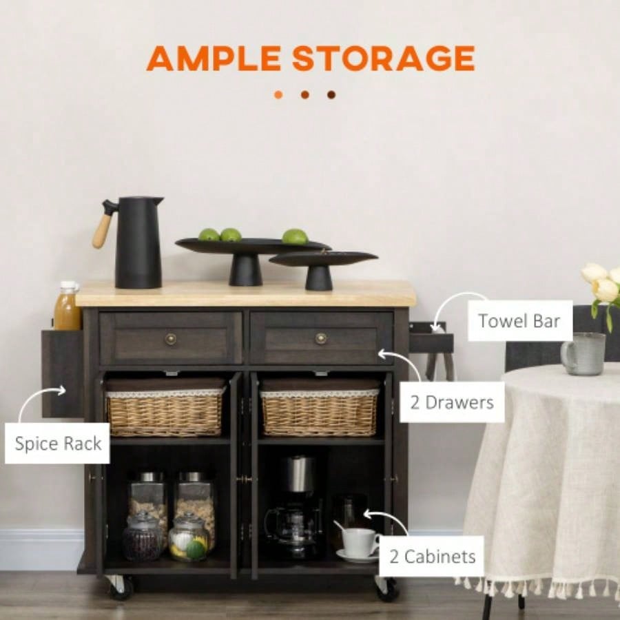 HOMCOM Modern Rolling Kitchen Island Cart with Spice Rack, Brown Oak