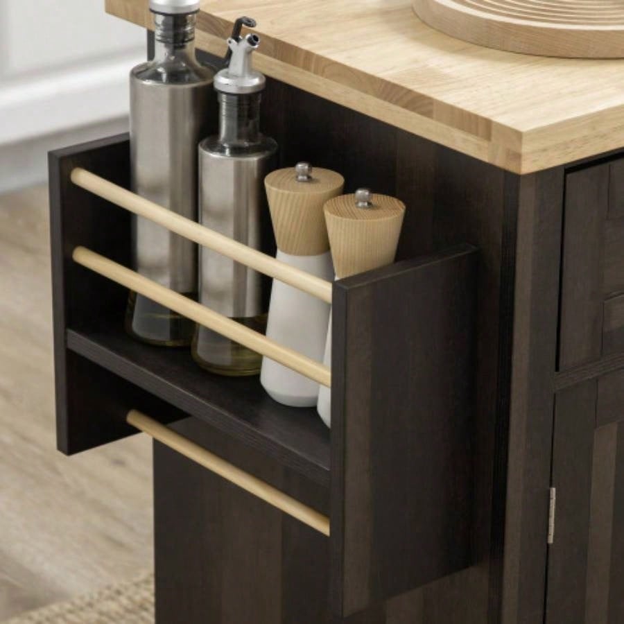HOMCOM Modern Rolling Kitchen Island Cart with Spice Rack, Brown Oak