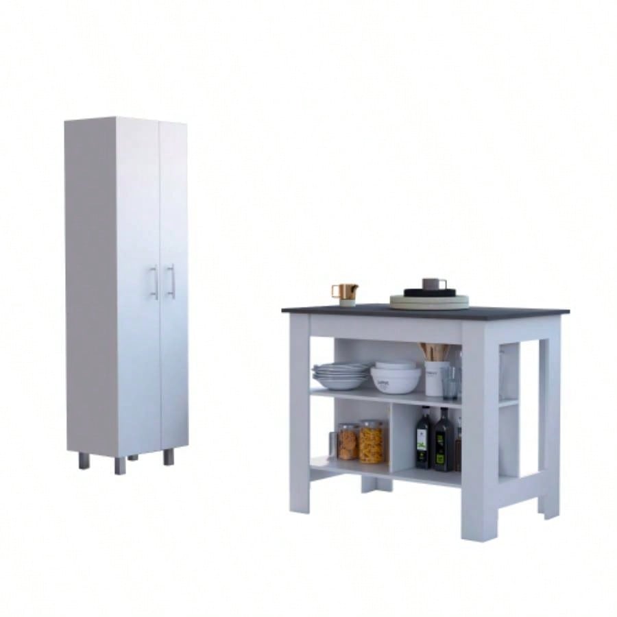 White and Onyx 2 - Piece Kitchen Set, Kitchen Island and Pantry Cabinet