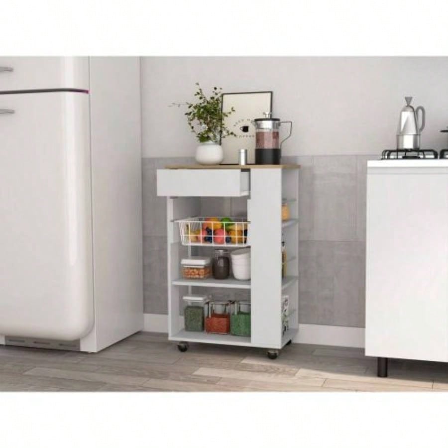 White and Light Oak 5 - Shelf 1 - Drawer Kitchen Cart