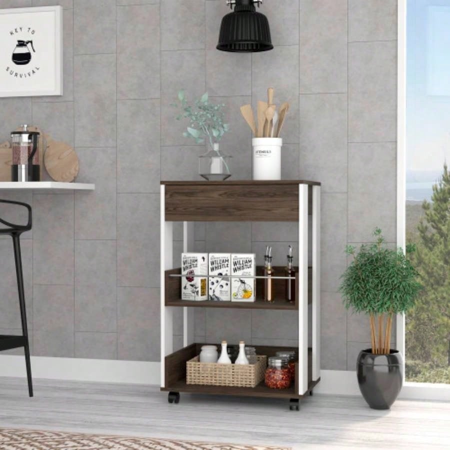 White and Dark Walnut 1 - Drawer 2 - Shelf Kitchen Cart with Caster
