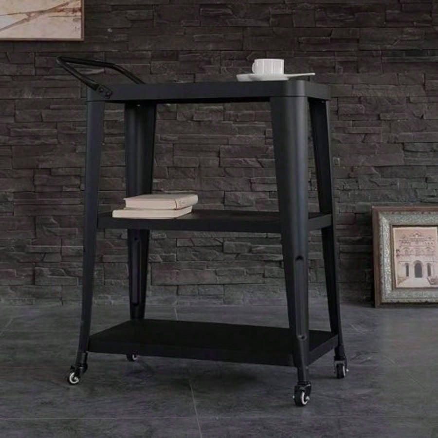 3 - Tiered Metal Frame, Industrial Dining Cart with Swivel Wheels, Black