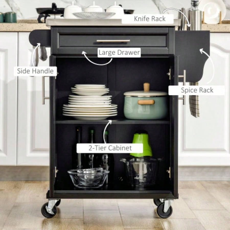 HOMCOM Kitchen Island on Wheels, Rolling Kitchen Cart with Stainless Steel Countertop, Drawer, Towel Rack and Spice Rack, Utility Storage Trolley, Black