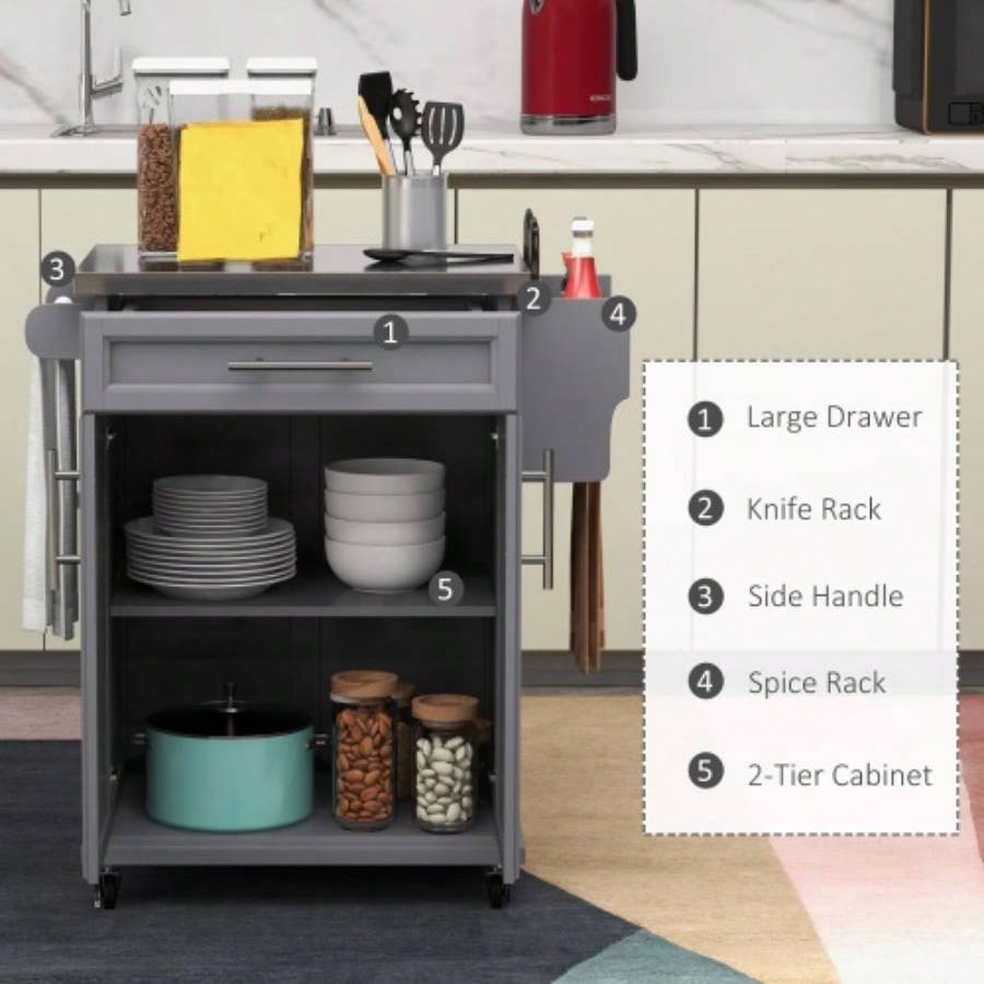 HOMCOM Kitchen Island on Wheels, Rolling Kitchen Cart with Stainless Steel Countertop, Drawer, Towel Rack and Spice Rack, Utility Storage Trolley, Gray