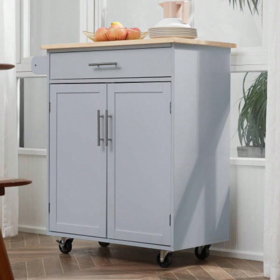 HOMCOM Kitchen Island Cart Rolling Trolley Cart with Drawer, Storage Cabinet Towel Rack, Gray