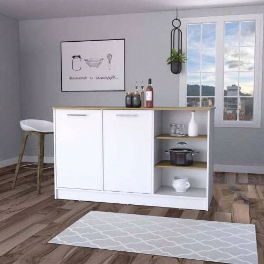 White and Ash 2 - Door Kitchen Island with 3 Open Shelves