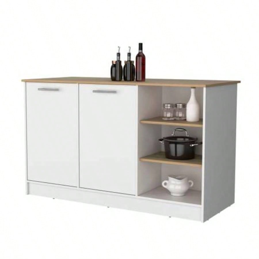 White and Ash 2 - Door Kitchen Island with 3 Open Shelves