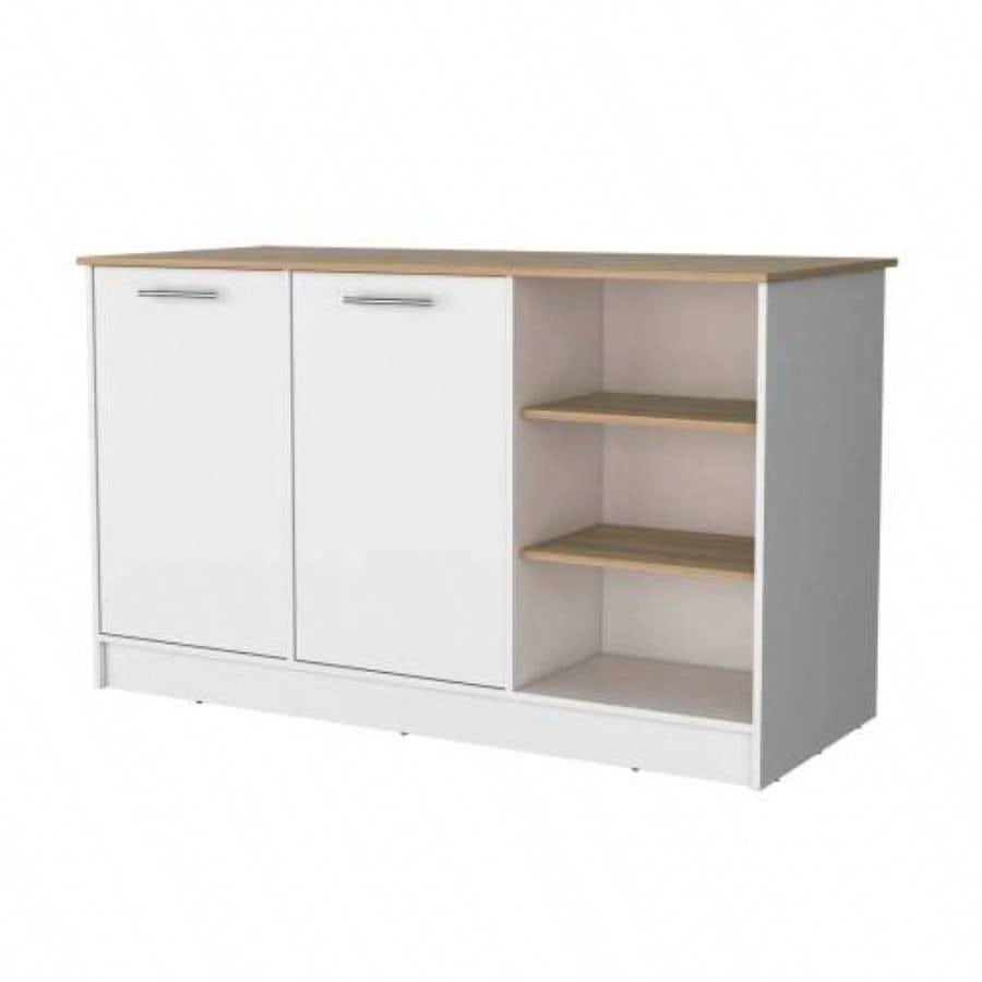 White and Ash 2 - Door Kitchen Island with 3 Open Shelves