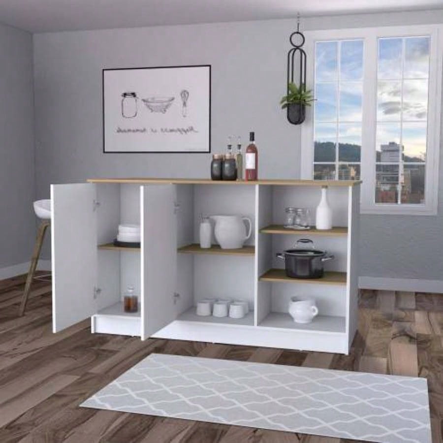 White and Ash 2 - Door Kitchen Island with 3 Open Shelves