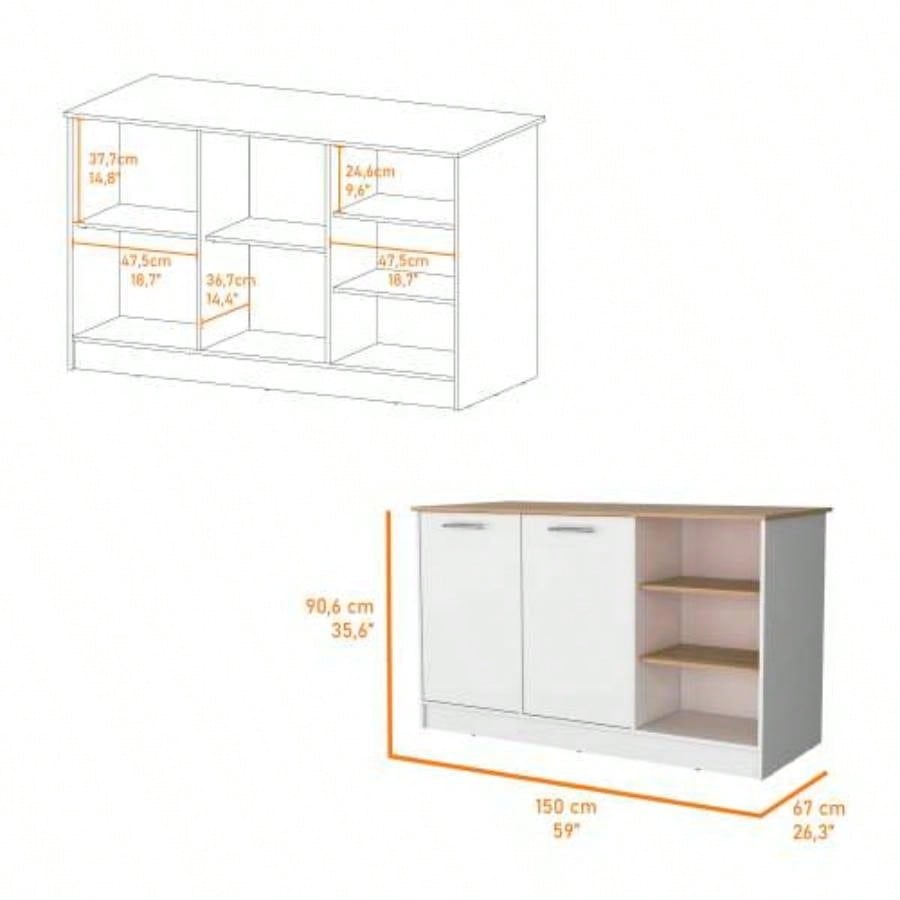 White and Ash 2 - Door Kitchen Island with 3 Open Shelves