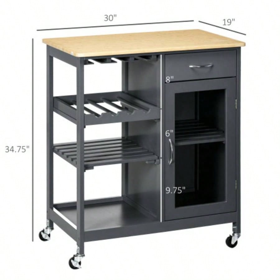 HOMCOM Rolling Kitchen Island with Storage, Kitchen Cart with 4 - bottle Wine Rack, Bar Cart with Stemware Holder, Shelves, Drawer and Cabinet, Gray