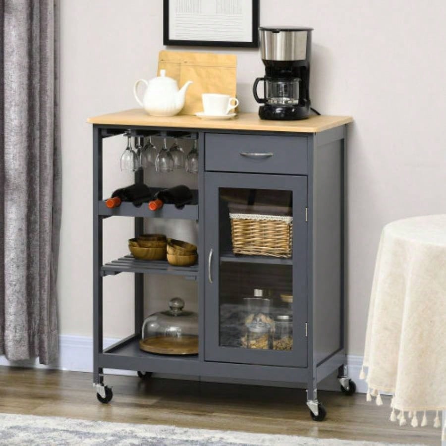 HOMCOM Rolling Kitchen Island with Storage, Kitchen Cart with 4 - bottle Wine Rack, Bar Cart with Stemware Holder, Shelves, Drawer and Cabinet, Gray