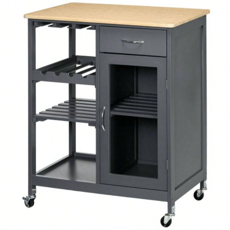 HOMCOM Rolling Kitchen Island with Storage, Kitchen Cart with 4 - bottle Wine Rack, Bar Cart with Stemware Holder, Shelves, Drawer and Cabinet, Gray