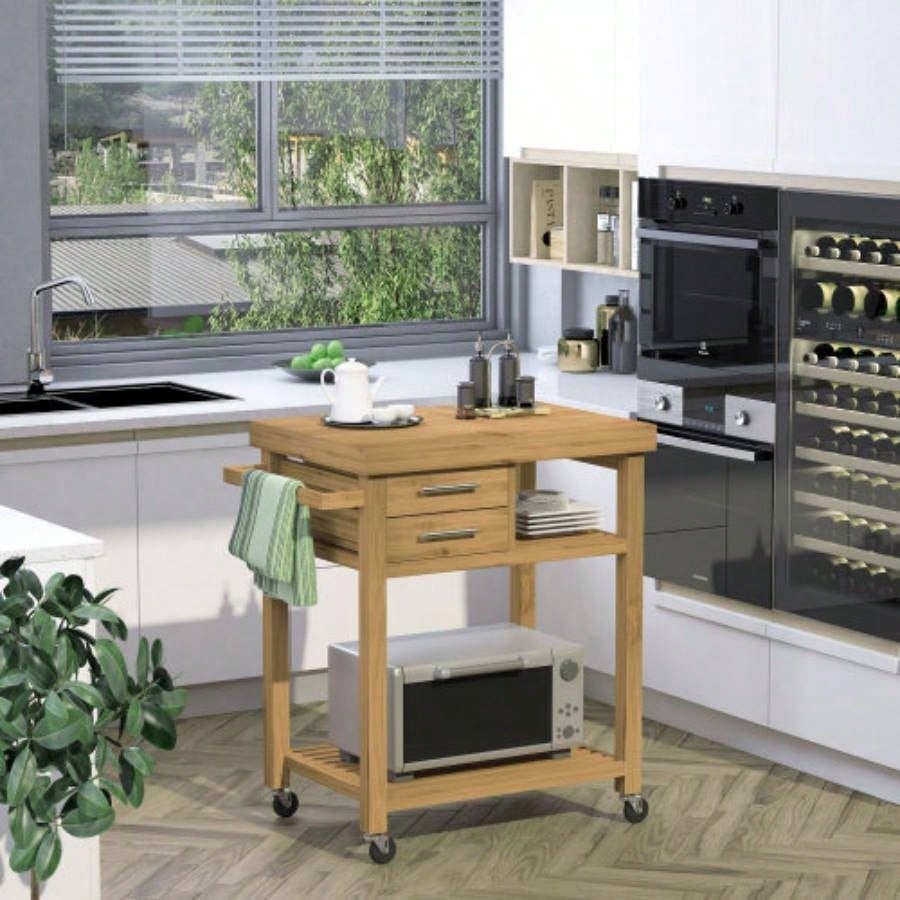 HOMCOM Kitchen Island Cart on Wheels, Utility Trolley Cart with 2 Storage Drawers and Open Shelves, Tone