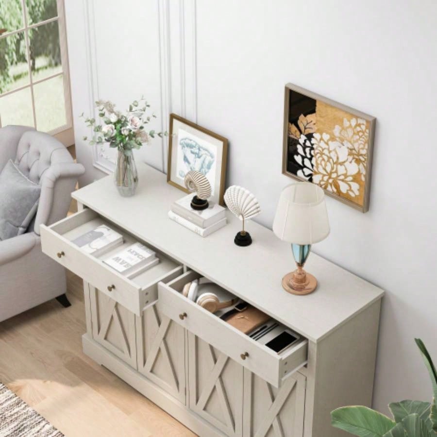 Vintage White Sideboard with Two Drawers and Four Doors Living Room, Bedroom, and Kitchen, Room Storage Cabinet, Vintage White