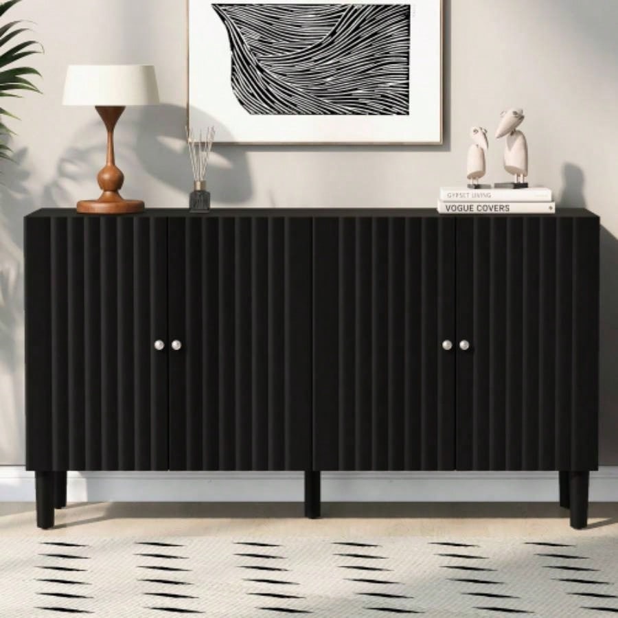 USTYLE Elegant Four - Door Sideboard with Wavy Pattern Doors, Cylindrical, and Sleek Metal Handles, Adjustable, Suitable Study, Entryway and Living Room