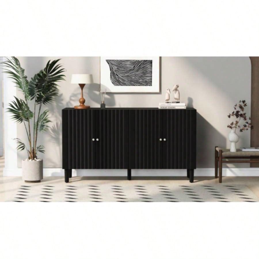 USTYLE Elegant Four - Door Sideboard with Wavy Pattern Doors, Cylindrical, and Sleek Metal Handles, Adjustable, Suitable Study, Entryway and Living Room